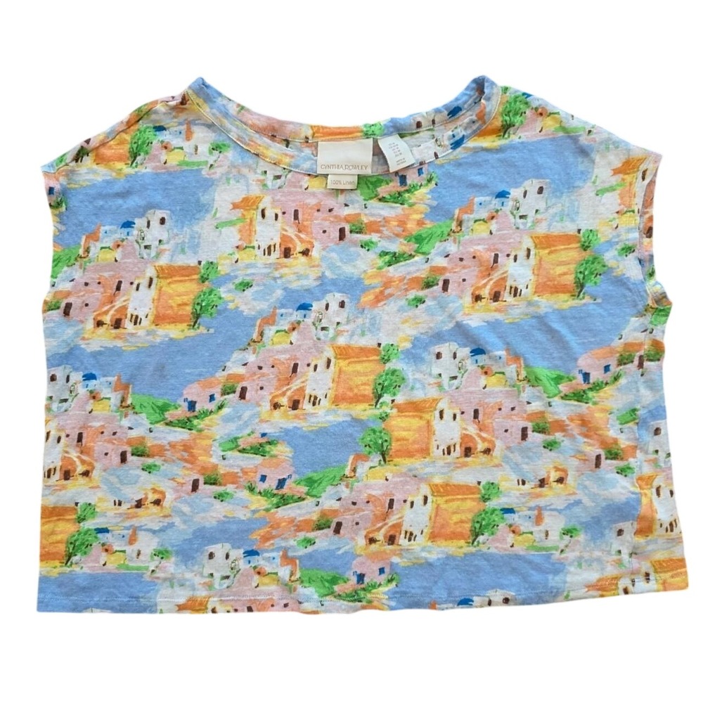 Coastal Mediterranean Blue Linen Crop Top Landscape Print Cynthia Rowley Size M